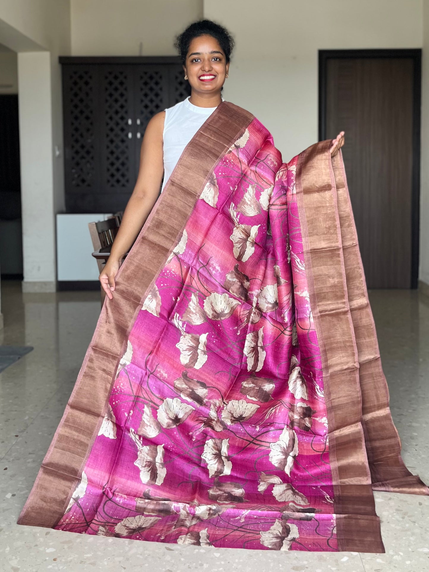 Pink and Brown Tussar Silk Saree with Prints