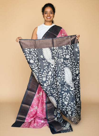 Pink and Black Tussar Silk Saree with Prints