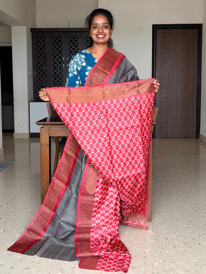 Black and Red Tussar Silk Saree with Prints