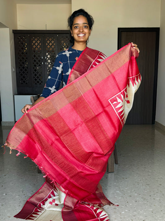 Cream and Red Tussar Silk Saree with Prints