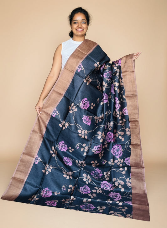 Black and Brown Tussar Silk Saree with Prints
