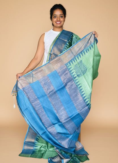 Green and Blue Tussar Silk Saree with Prints