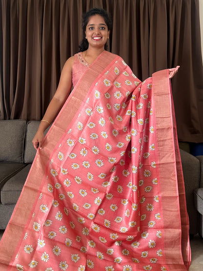 Peach Tussar Silk Saree with Prints