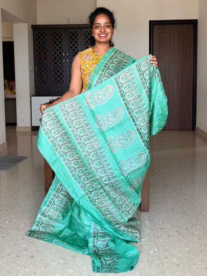 Green Tussar Silk Saree with Prints