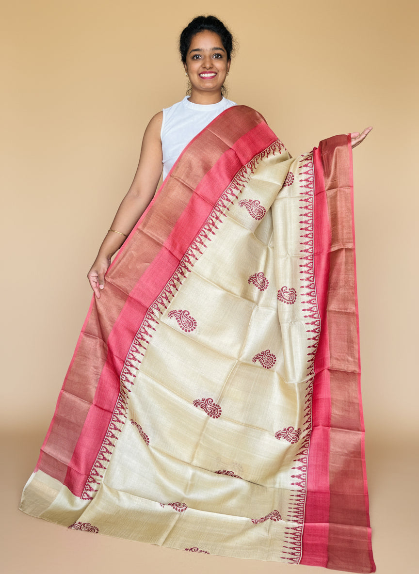 Cream and Red Tussar Silk Saree with Prints