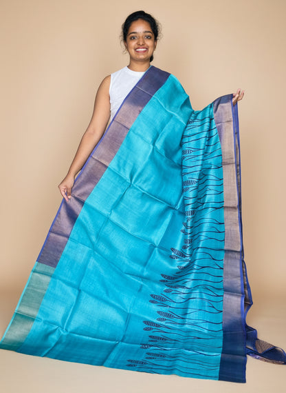 Blue Tussar Silk Saree with Prints