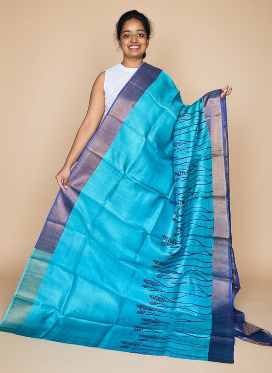Blue Tussar Silk Saree with Prints