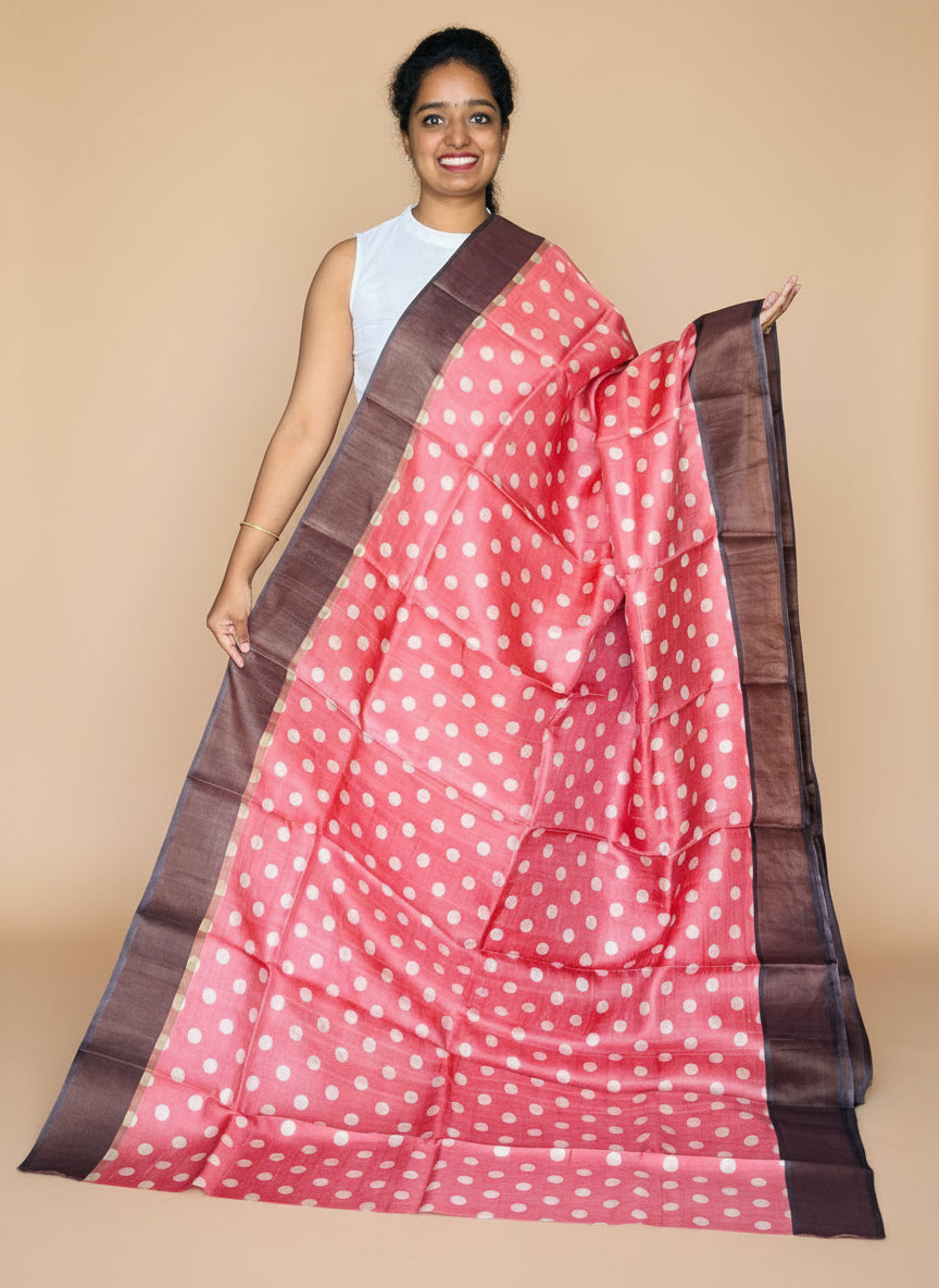 Peach and Brown Tussar Silk Saree with Prints