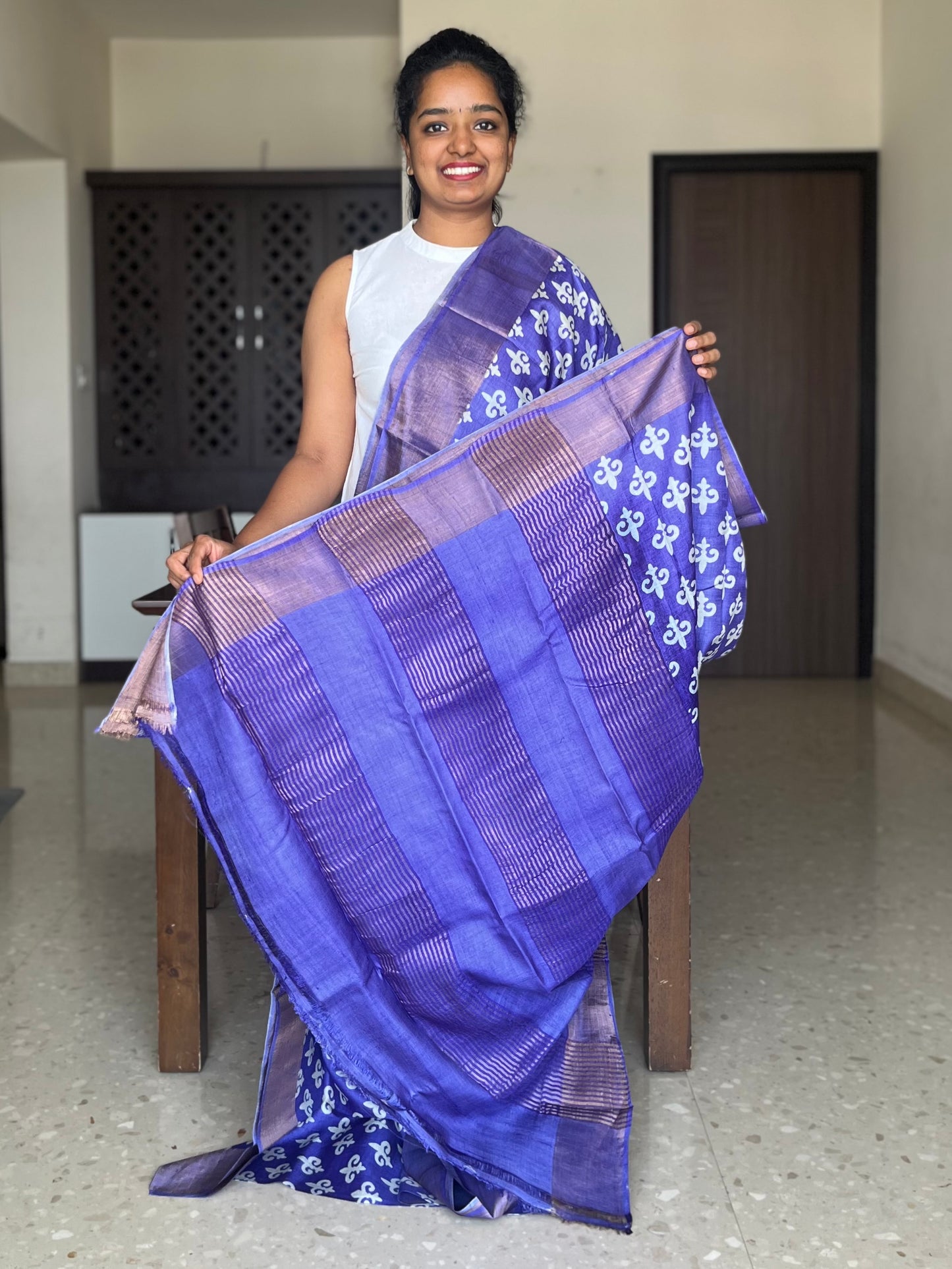 Violet Tussar Silk Saree with Prints