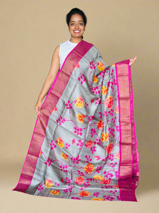 Grey and Magenta Tussar Silk Saree with Prints