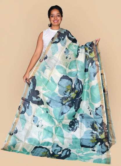 Cream and Blue Tussar Silk Saree with Prints