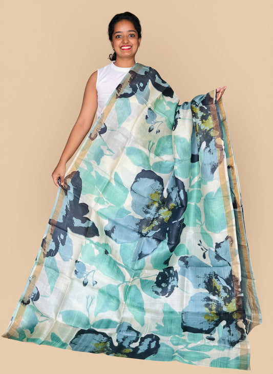Cream and Blue Tussar Silk Saree with Prints