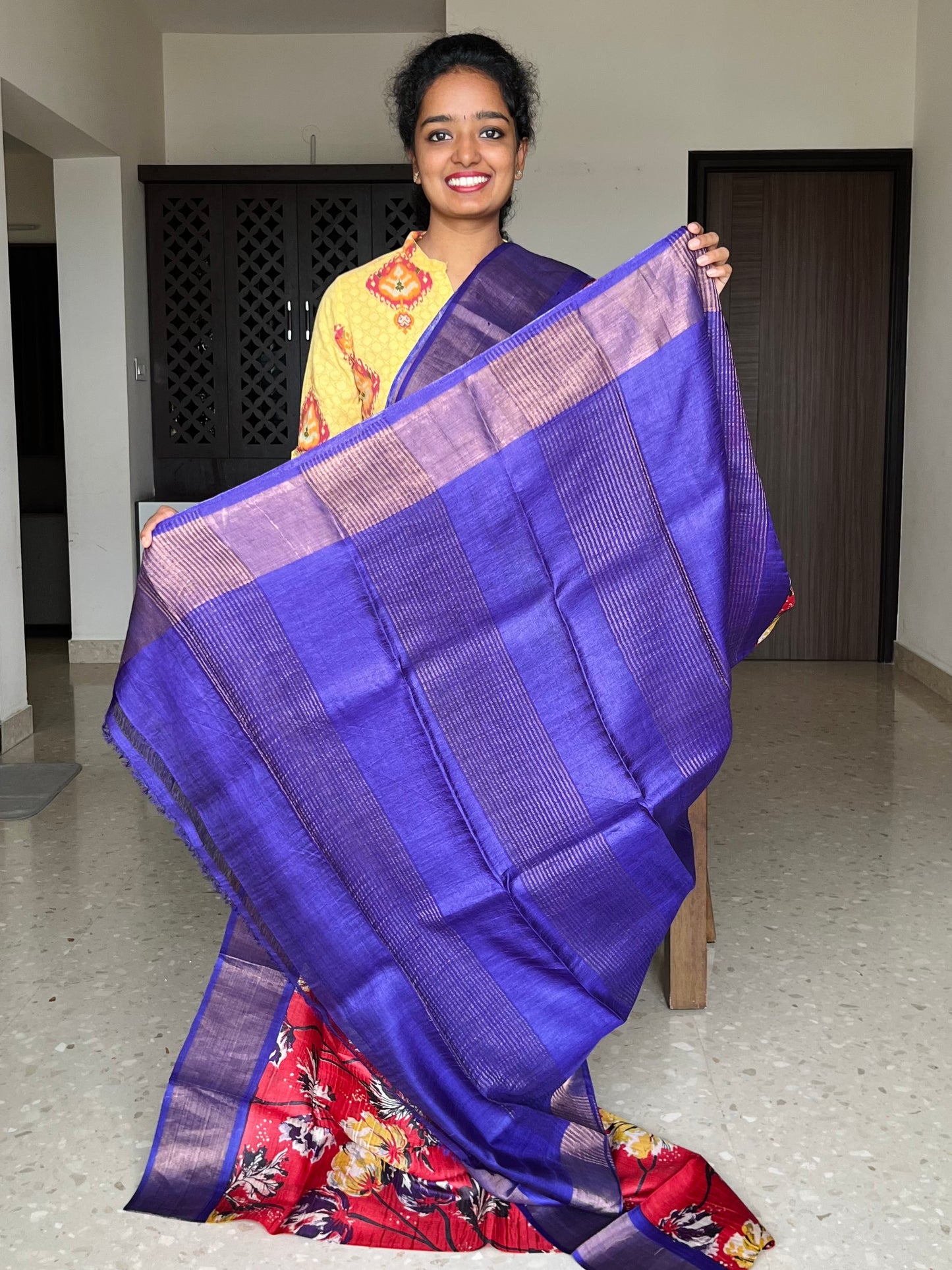 Red and Violet Tussar Silk Saree with Prints