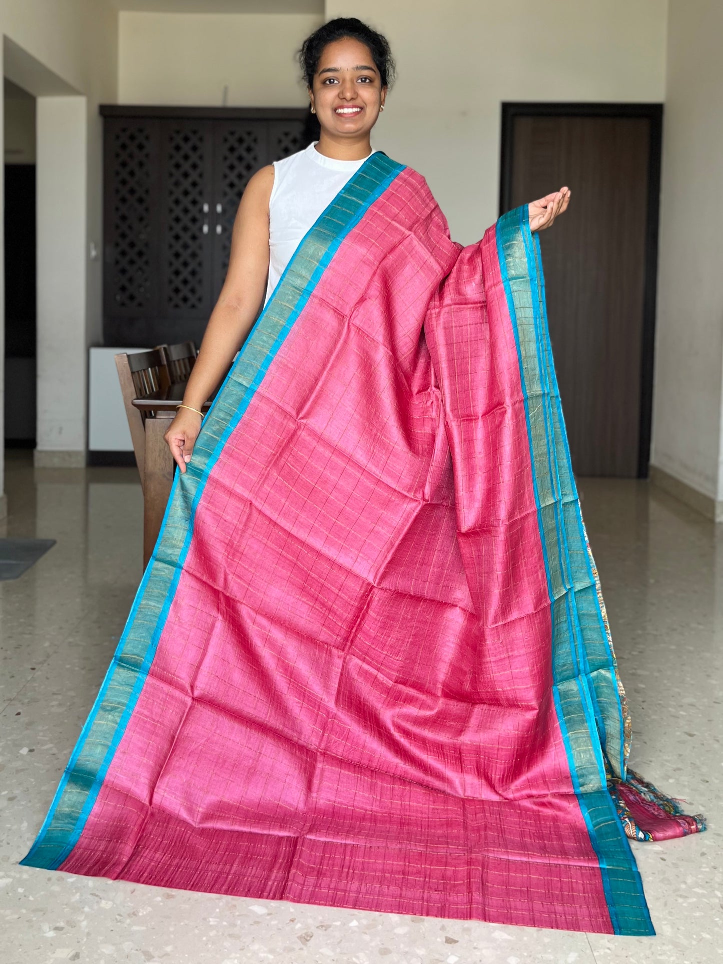 Pink and Blue Tussar Silk Saree with Prints