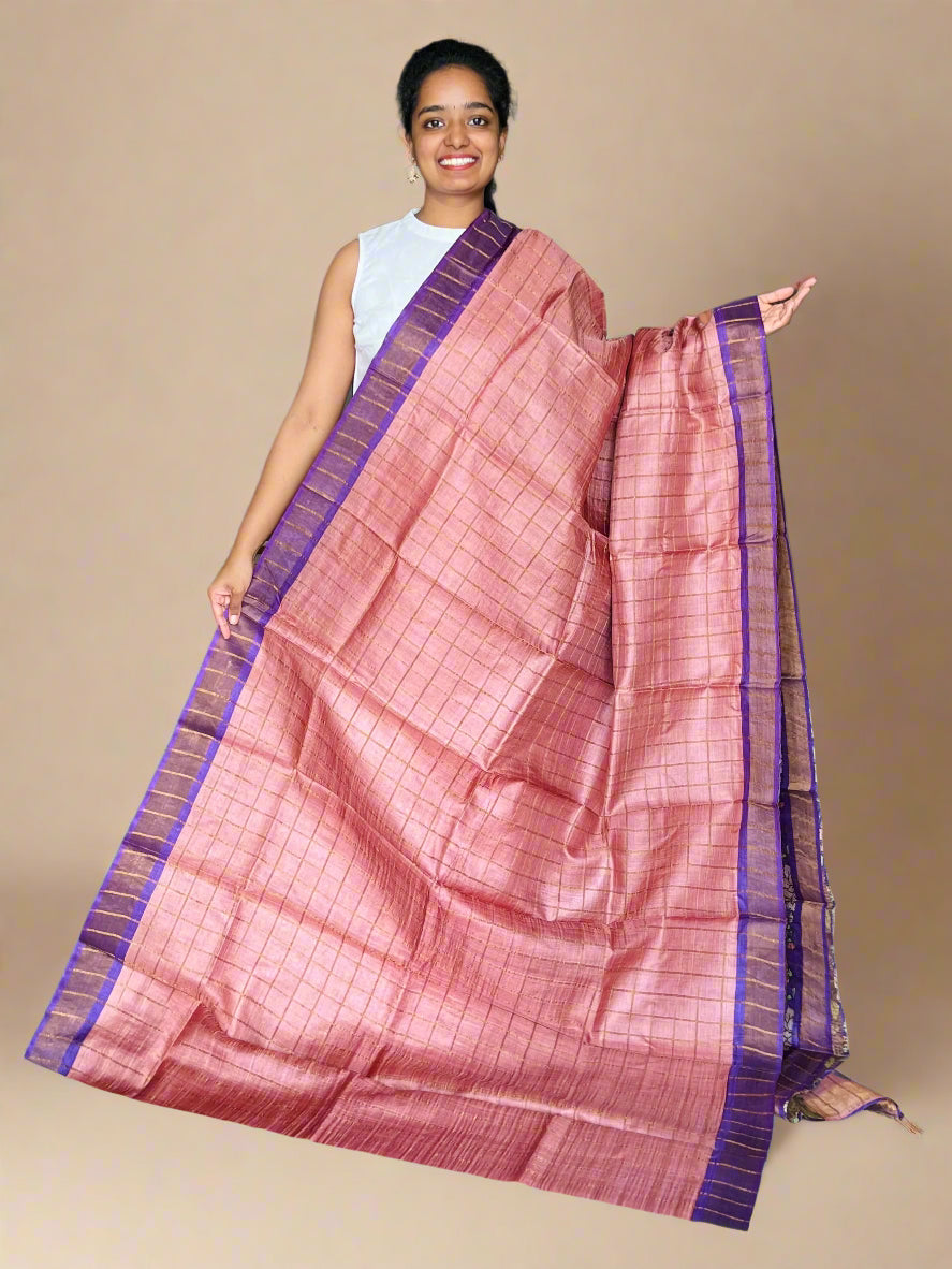 Peach and Violet Tussar Silk Saree with Prints