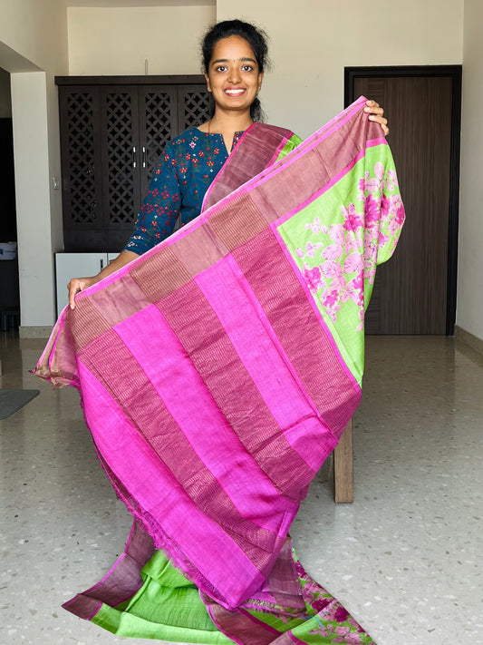 Green and Rani Pink Tussar Silk Saree with Prints