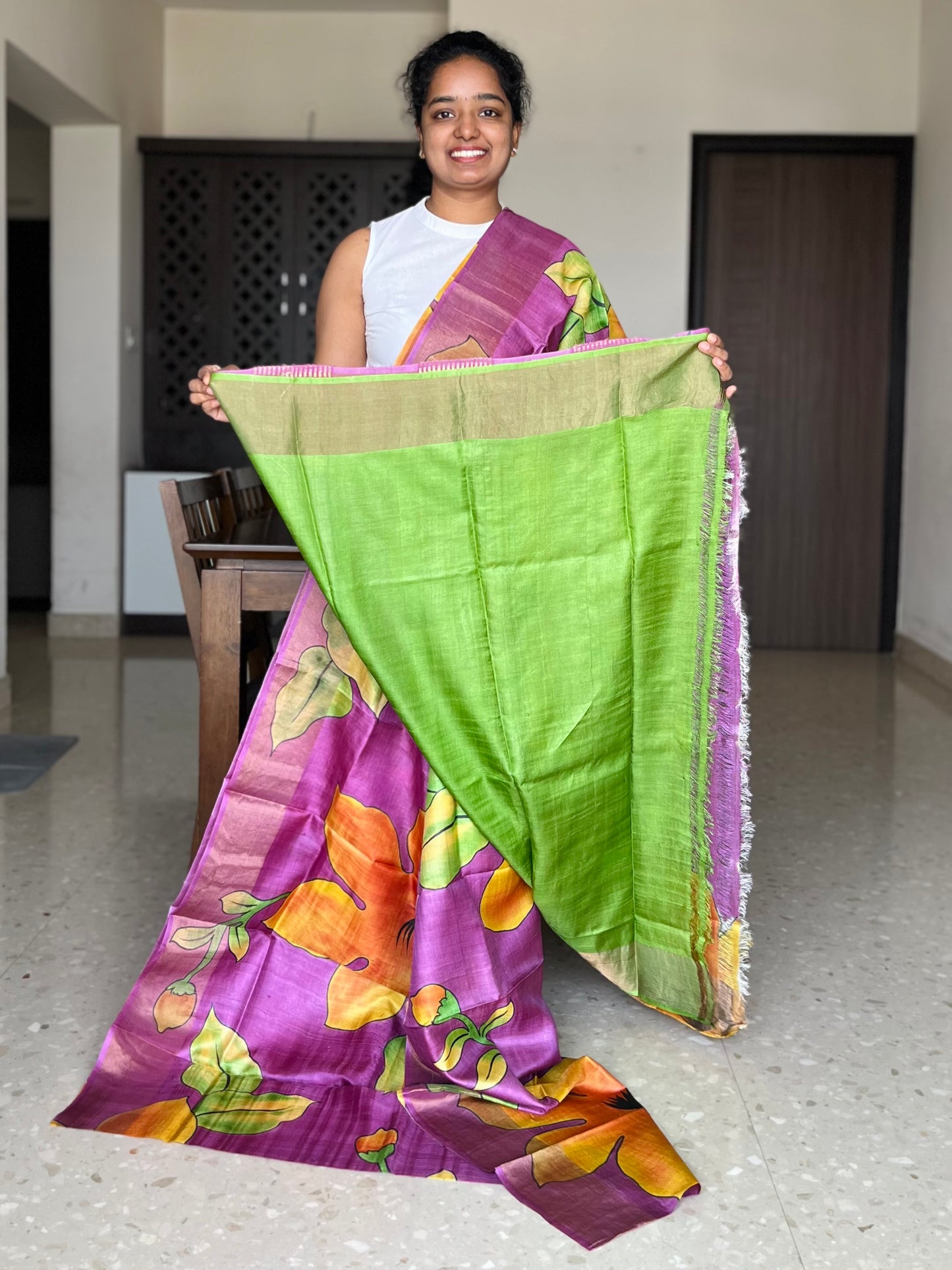 Purple Tussar Silk Saree with Prints