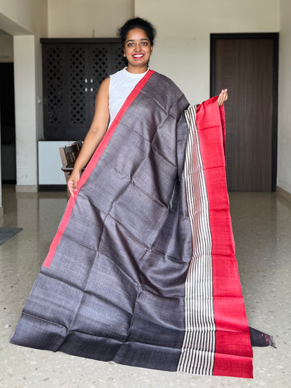 Brown and Red Tussar Silk Saree with Prints