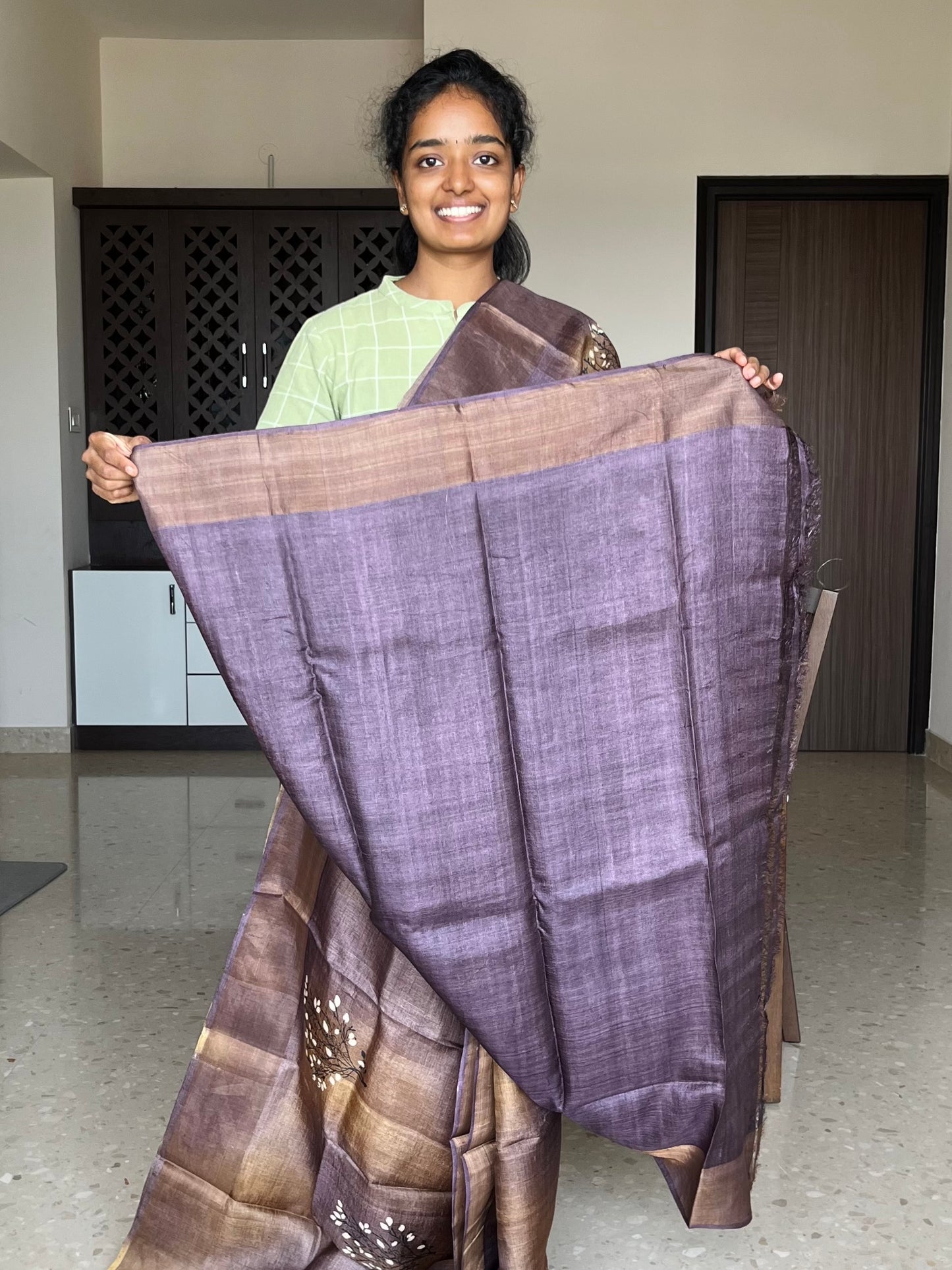 Golden Brown Tussar Silk Saree with Prints