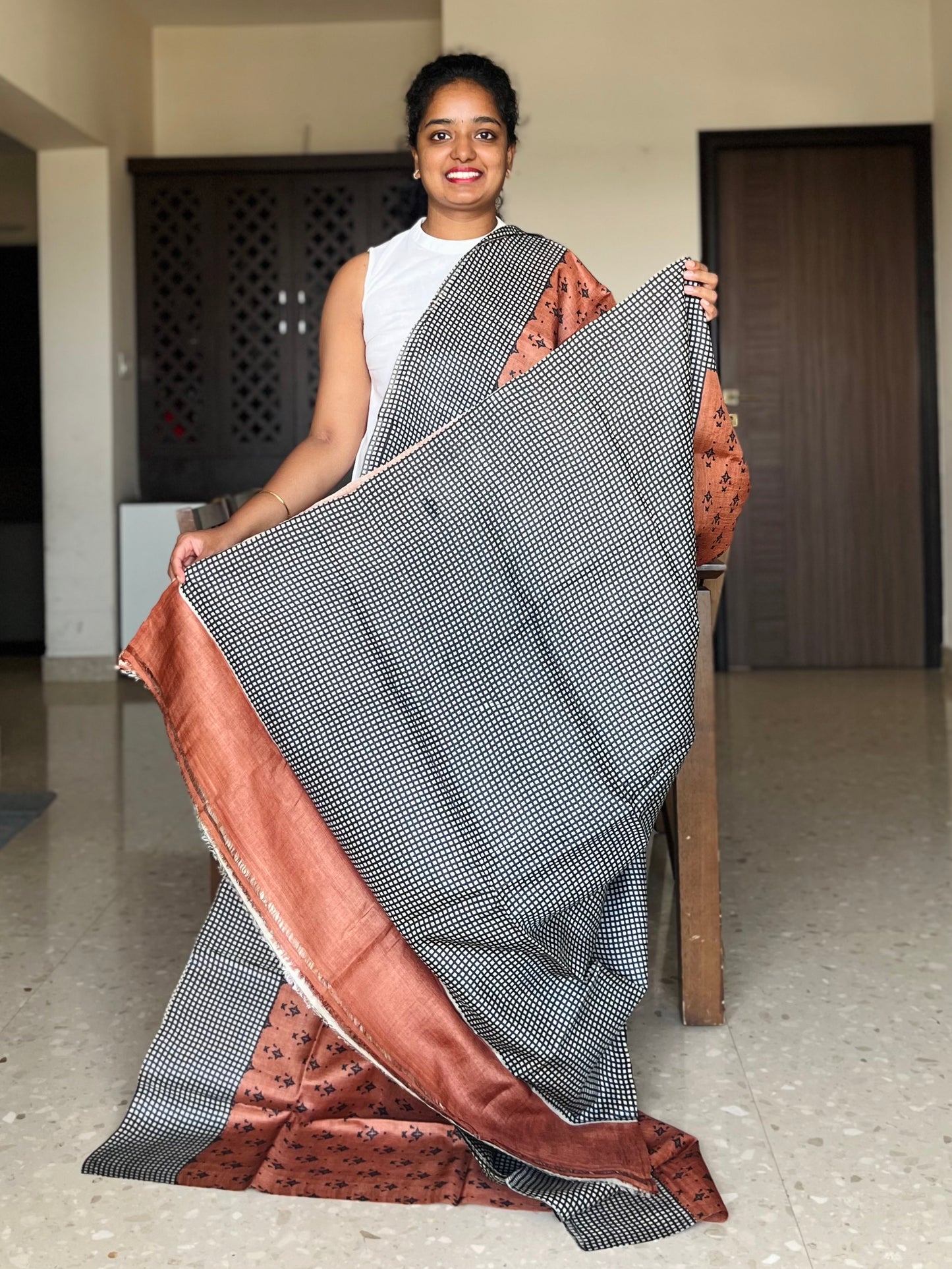 Brown Tussar Silk Saree with Prints