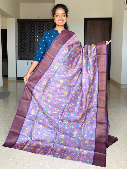 Lilac and Purple Tussar Silk Saree with Prints