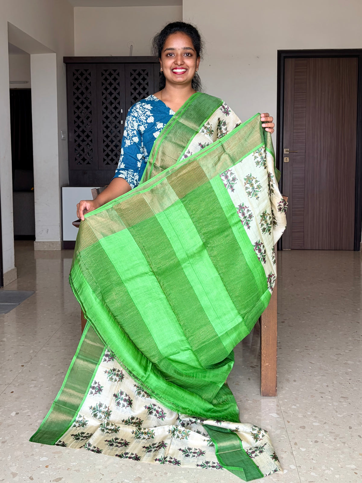 Cream and Green Tussar Silk Saree with Prints