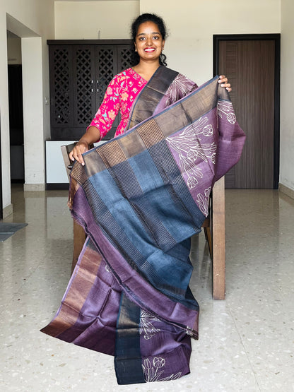 Plum and Black Tussar Silk Saree with Prints