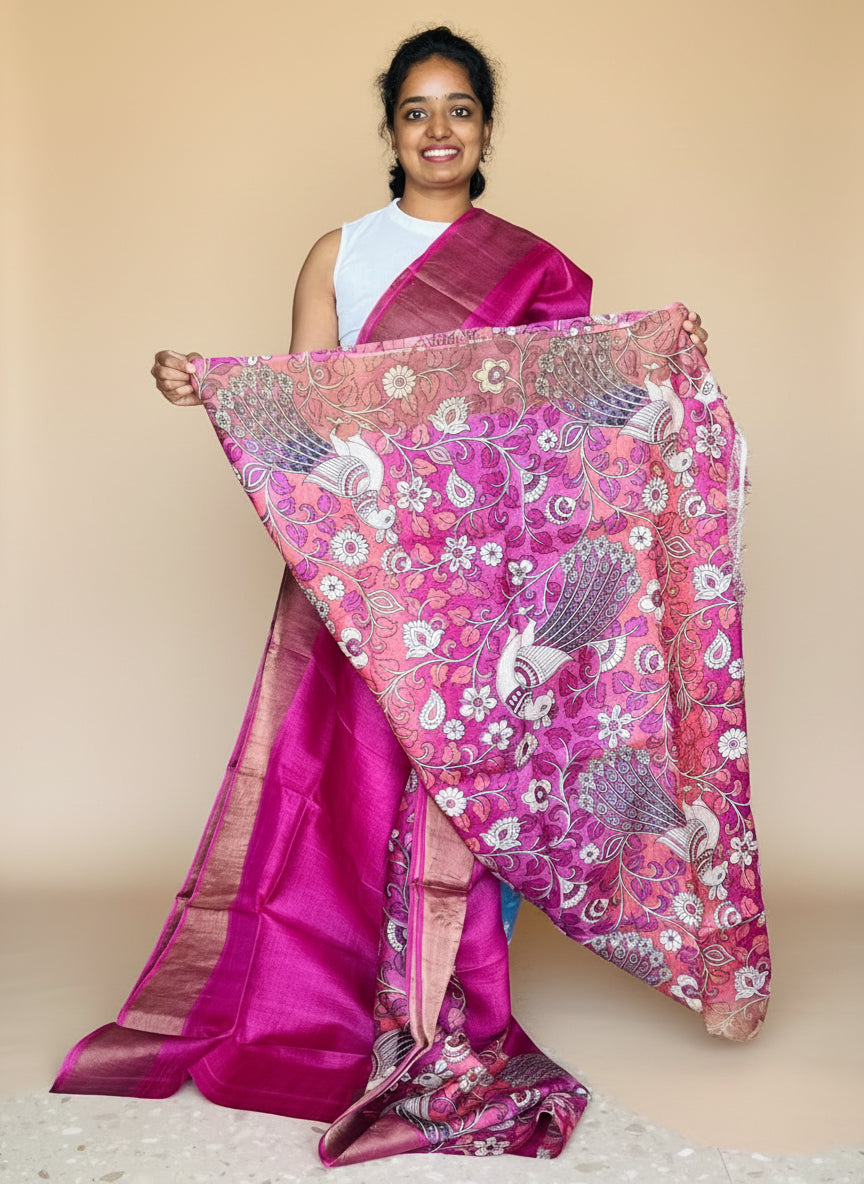Magenta Tussar Silk Saree with Prints