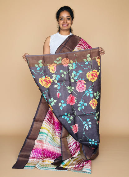 Pink and Brown Tussar Silk Saree with Prints