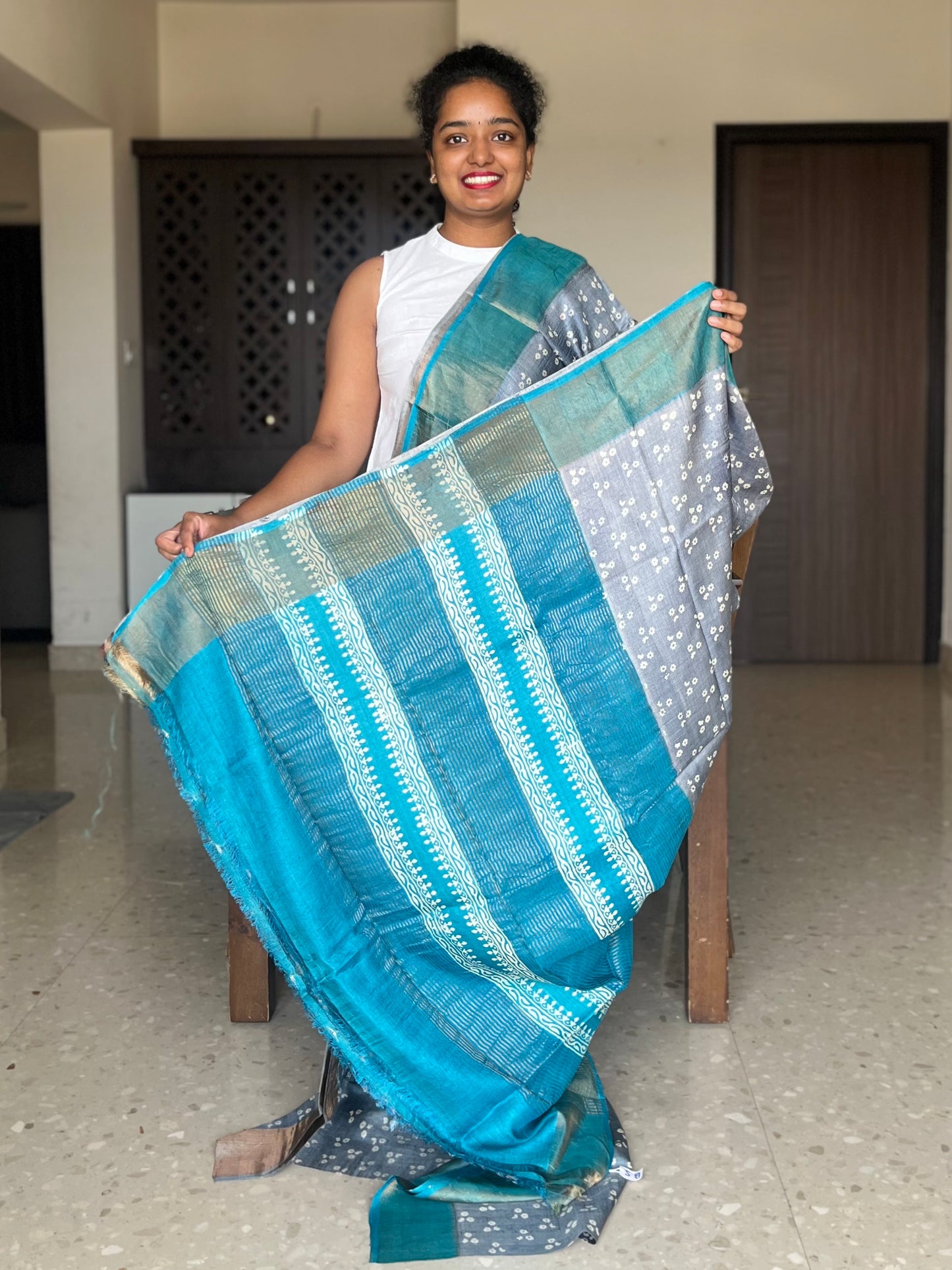 Grey and Blue Tussar Silk Saree with Prints