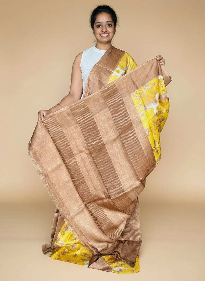 Yellow and Gold Tussar Silk Saree with Prints