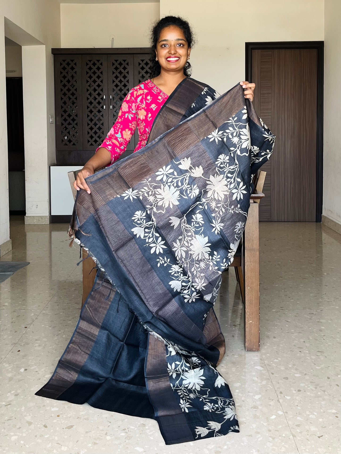 Black Tussar Silk Saree with Prints
