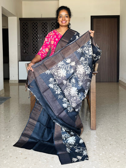 Black Tussar Silk Saree with Prints
