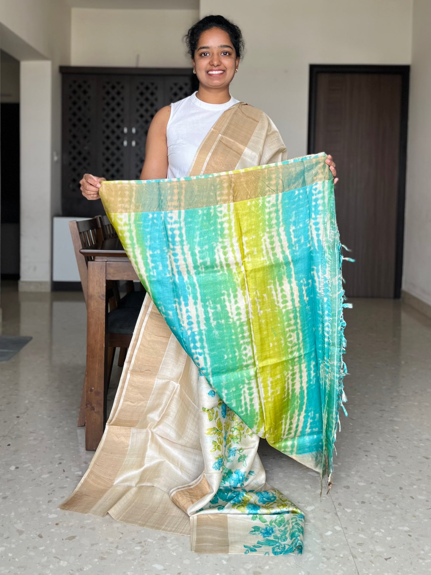 Cream Tussar Silk Saree with Prints
