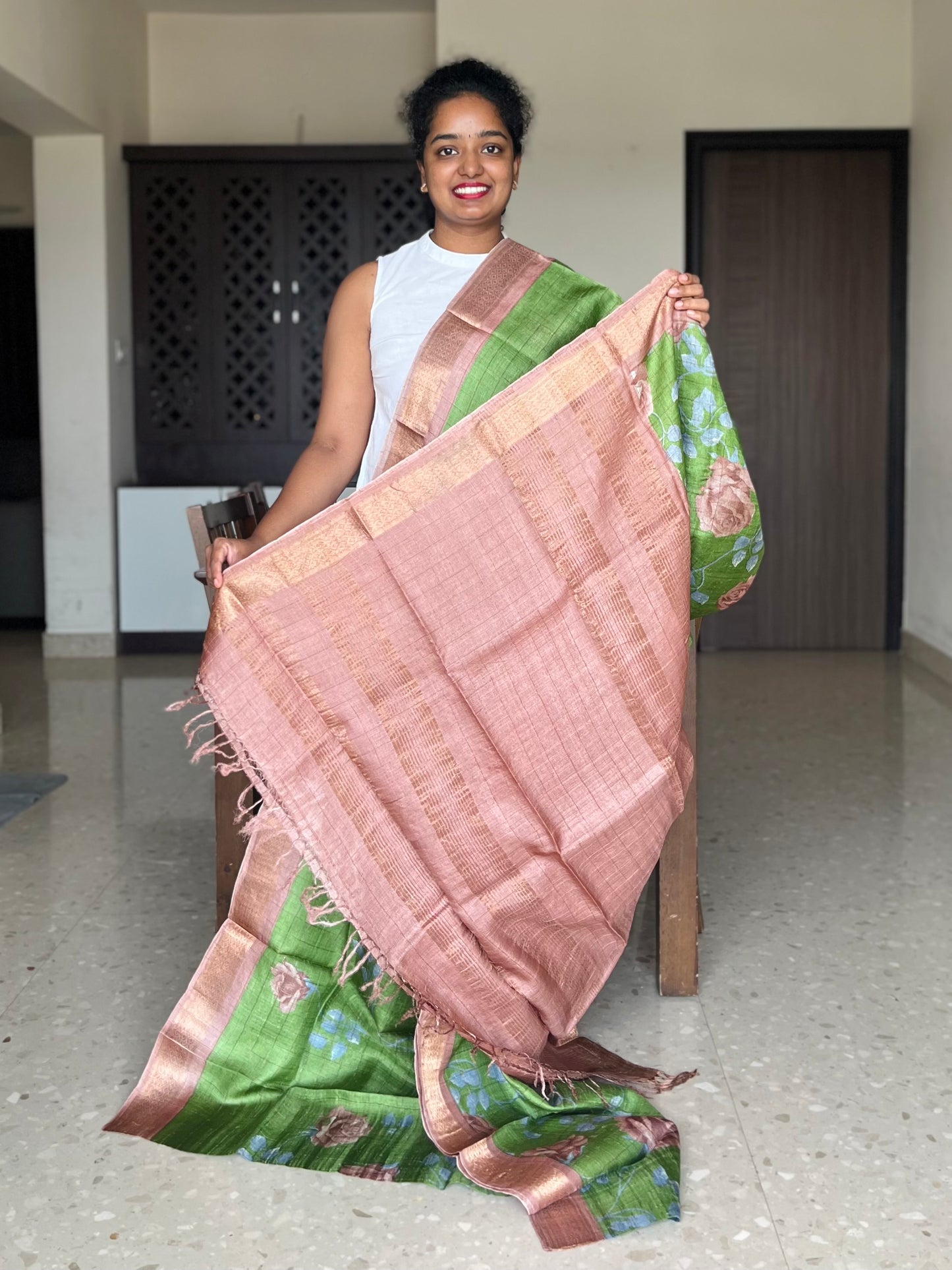 Green and Brown Tussar Silk Saree with Prints