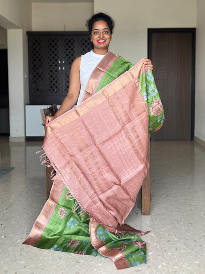 Green and Brown Tussar Silk Saree with Prints