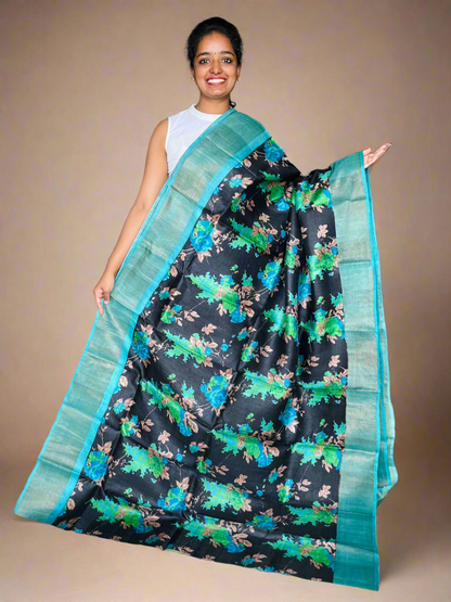 Black and Blue Tussar Silk Saree with Prints