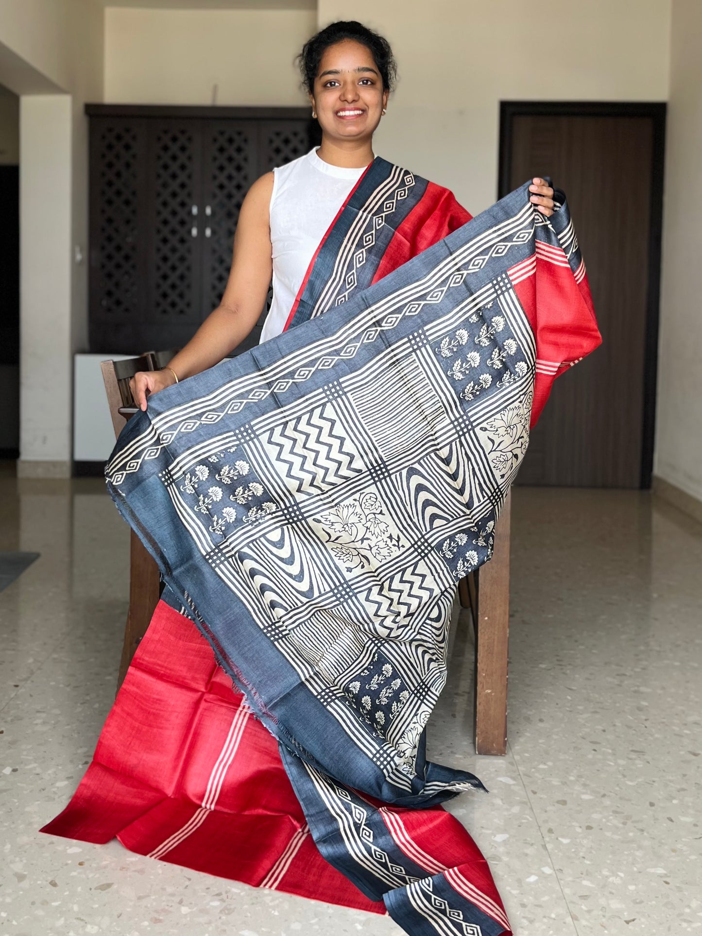 Red Tussar Silk Saree with Prints