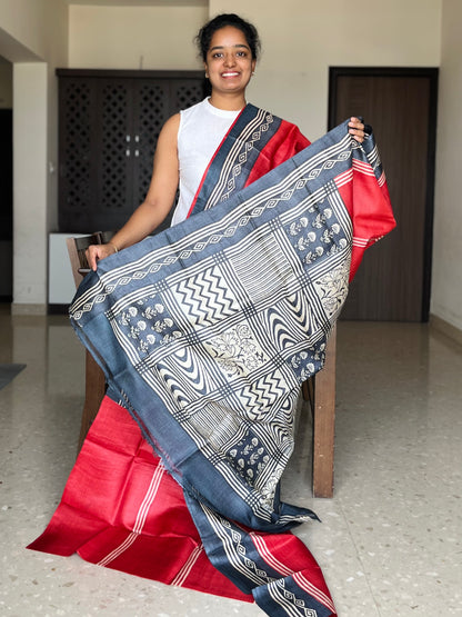 Red Tussar Silk Saree with Prints