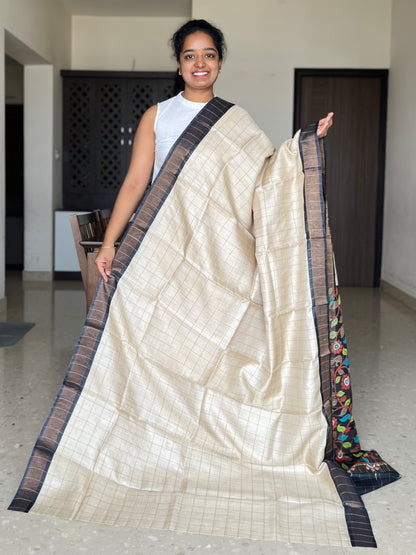 Cream and Black Tussar Silk Saree with Prints