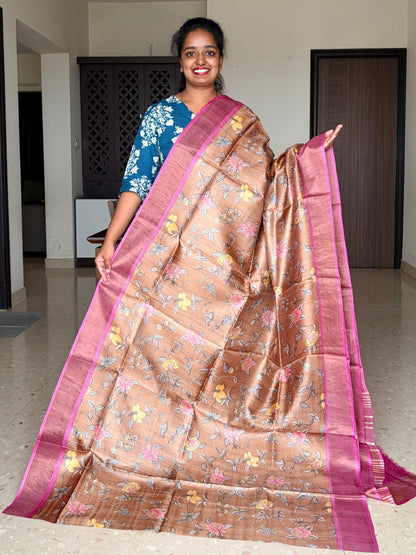 Brown and Magenta Tussar Silk Saree with Prints