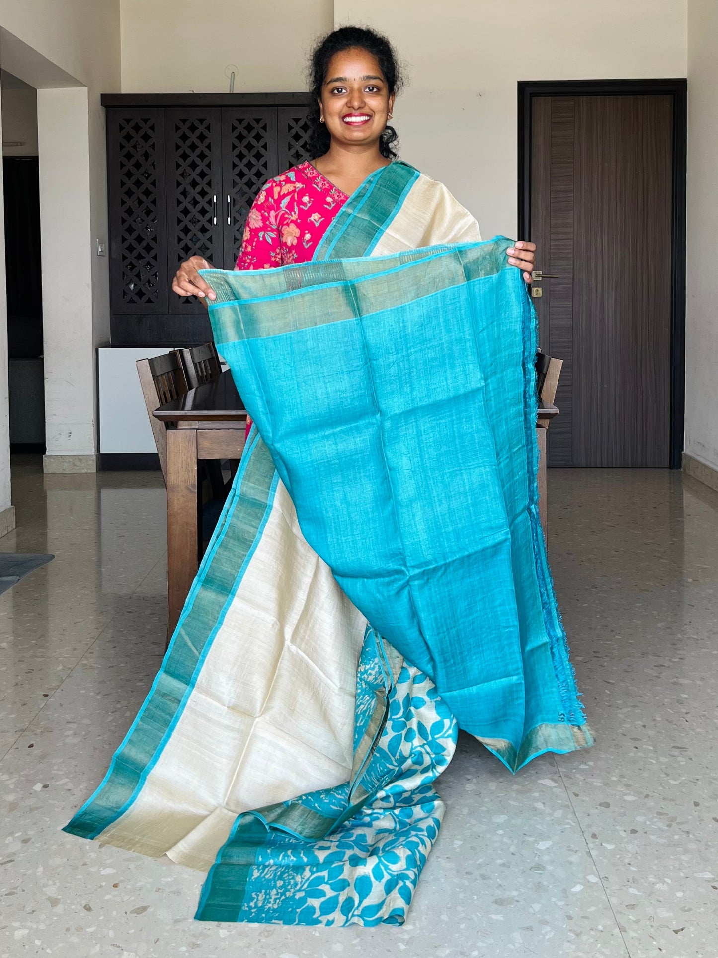 Cream and Blue Tussar Silk Saree with Prints