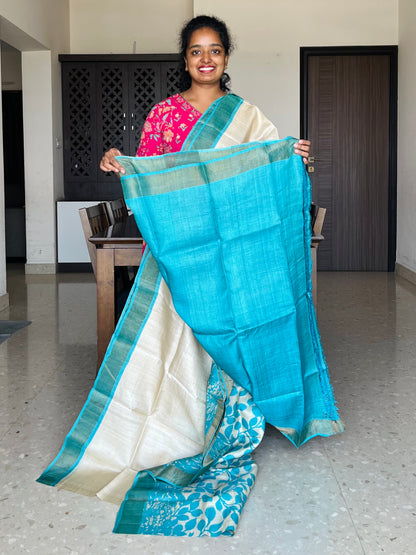 Cream and Blue Tussar Silk Saree with Prints