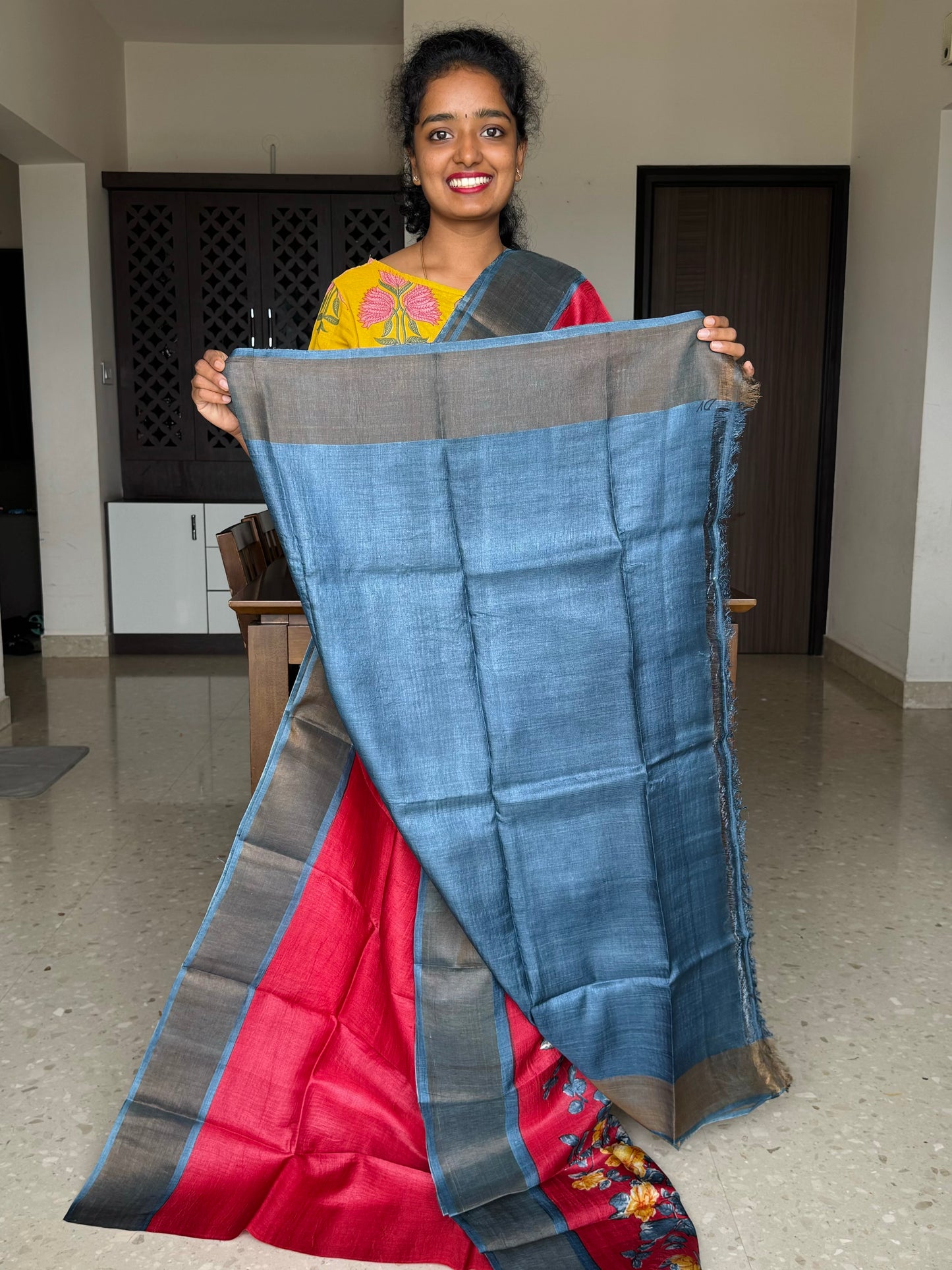 Red and Grey Tussar Silk Saree with Prints