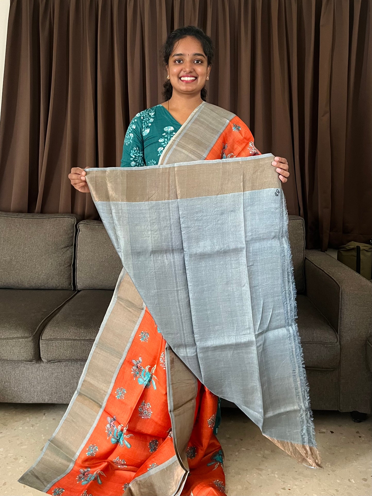 Orange and Grey Tussar Silk Saree with Prints