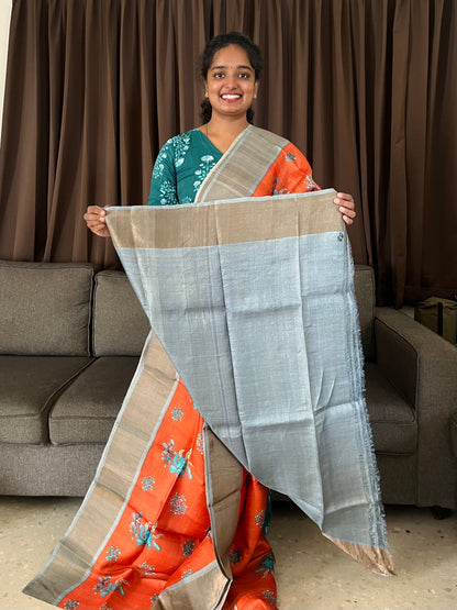 Orange and Grey Tussar Silk Saree with Prints