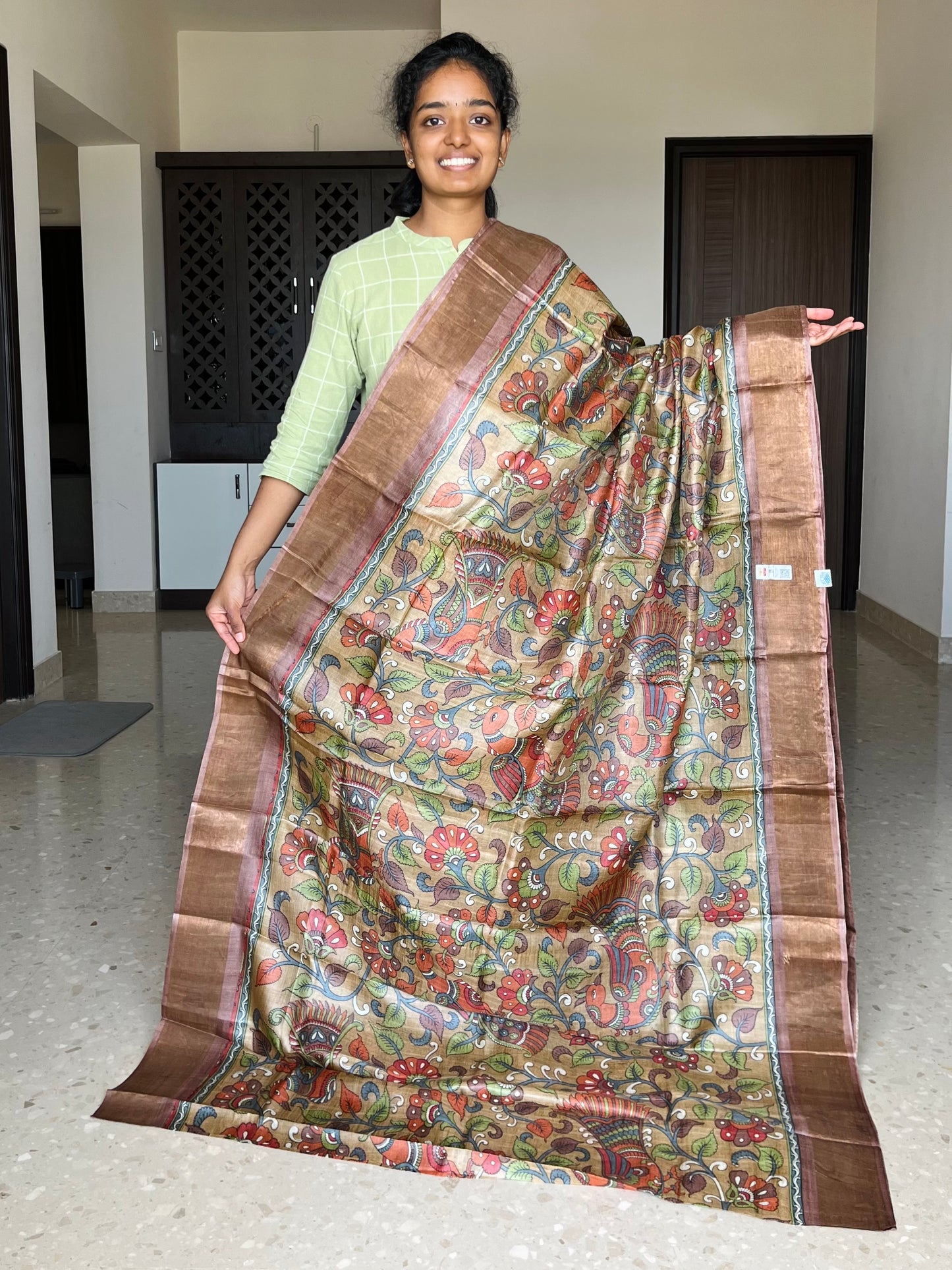 Olive Green and Brown Tussar Silk Saree with Prints