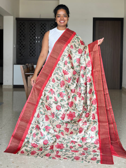 Cream and Red Tussar Silk Saree with Prints