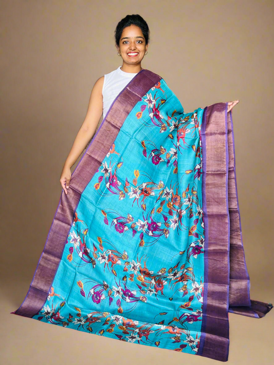 Blue and Violet Tussar Silk Saree with Prints