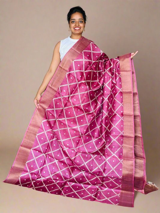 Magenta Tussar Silk Saree with Prints